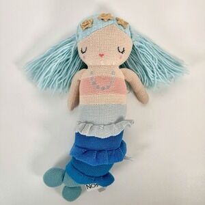 NOJO Mermaid Plush Doll Blue Yarn Hair Knit Stuffed Toy 15" Nursery Baby Decor